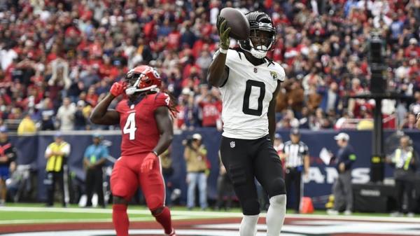 Calvin Ridley celebrates his third-quarter touchdown for the Jackso<em></em>nville Jaguars