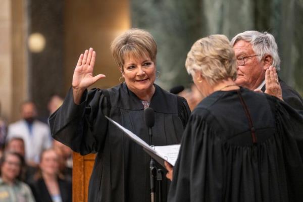 MADISON, WISCo<em></em>nSIN - August 1: Janet Protasiewicz, 60, is sworn in for her position as a State Supreme Court Justice at the Wisco<em></em>nsin Capitol rotunda in Madison, Wis. on August 1, 2023. (Photo by Sara Stathas for The Washington Post via Getty Images)