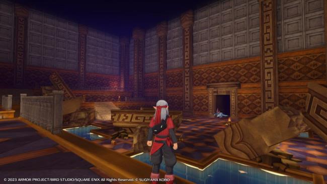 Psaro overlooking a ruined area with a chest in the Temple of Izmah in the Cradle of Corruption in Dragon Quest Monsters: The Dark Prince.