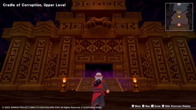 Psaro approaching a giant temple building on the Upper Echelon of the Cradle of Corruption in Dragon Quest Monsters: The Dark Prince.