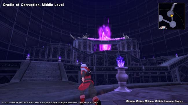 Psaro running up platforms towards a purple light on the Middle Echelon of the Cradle of Corruption in Dragon Quest Monsters: The Dark Prince.