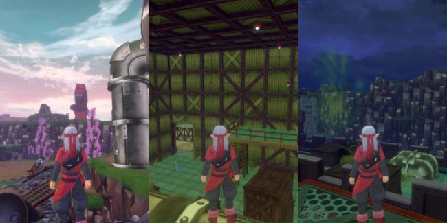 Split image featuring Psaro looking out at an area in the Lower Echelon, Psaro inside a green factory building in the Middle Echelon, and Psaro on top of a wall in the Upper Echelon of the Circle of Fortitude in Dragon Quest Monsters: The Dark Prince.