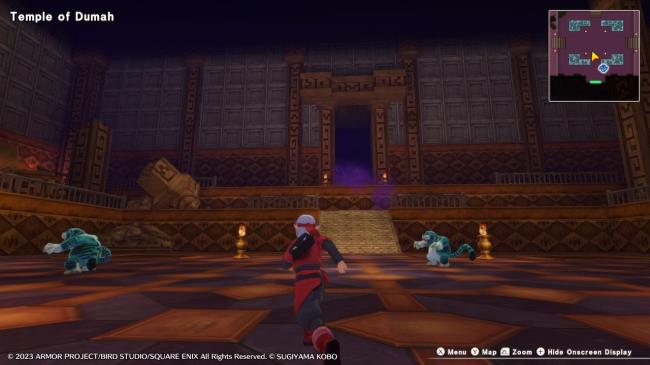 Psaro running towards a Cheater Cheetah enemy in the Temple of Dumah in the Cradle of Corruption in Dragon Quest Monsters: The Dark Prince.