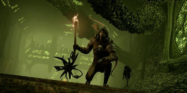 The Elder Scrolls o<em></em>nline Apocrypha screenshot from the Necrom chapter showing a Dunmer crouching on a ledge with a torch in a swamp library