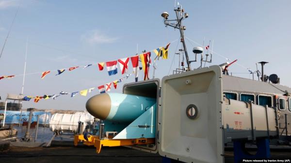 A missile system is displayed in an unveiling ceremony at a naval ba<em></em>se near the Indian Ocean in the southern Iranian port of Konarak, some 850 miles (1,400 kilometres) southeast of the capital, Tehran, Iran, Dec. 24, 2023.