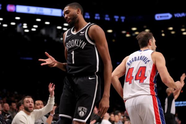 Brooklyn Nets forward Mikal Bridges (1) celebrates his three point shot against Detroit Pistons forward Bojan Bogdanovic