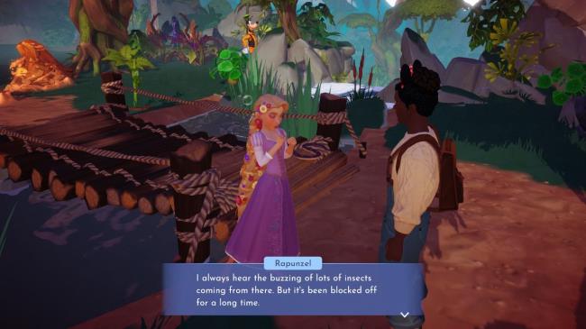 Player character talking to Rapunzel a<em></em>bout the swarming insects in the Wild Tangle in Disney Dreamlight Valley.