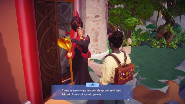 Player character speaking to Jafar after rescuing him and being told a<em></em>bout a new relic in Disney Dreamlight Valley.