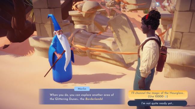 Player character speaking to Merlin and preparing to spend Mist to open the Borderlands in Disney Dreamlight Valley.