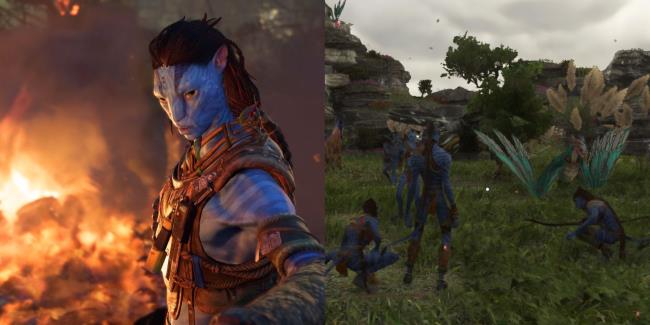 Closeup of Na'vi on the left, Group of Na'Vi in the upper plains on the right