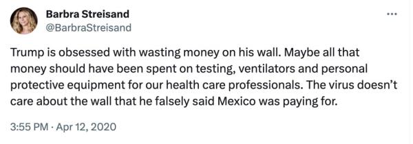 Trump is obsessed with wasting mo<em></em>ney on his wall. Maybe all that mo<em></em>ney should have been spent on testing, ventilators and perso<em></em>nal protective equipment for our health care professionals. The virus doesnat care a<em></em>bout the wall that he falsely said Mexico was paying for.</p>

<p>　　