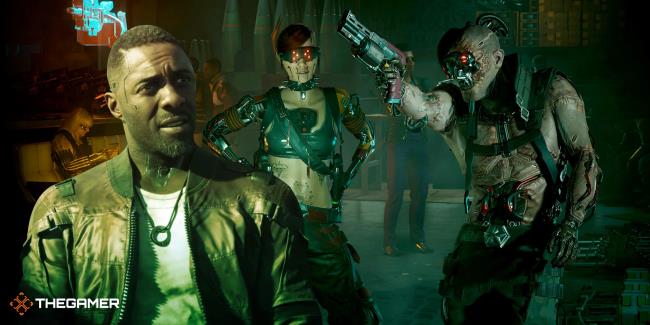 Idris Elba's Solomon Reed in the foreground with other Cyberpunk 2077 characters in the background. One is hoisting a pistol.