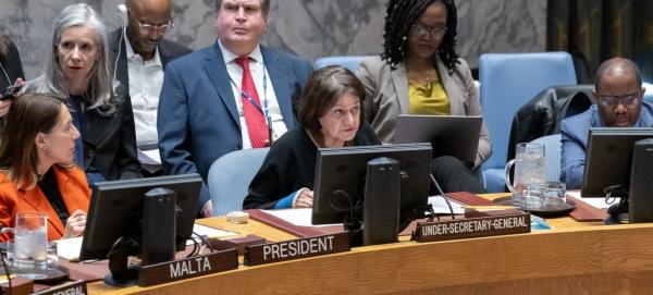 Rosemary DiCarlo (centre), Under-Secretary-General for Political and Peacebuilding Affairs, briefs the Security Council meeting on the situation in the Sudan and South Sudan.