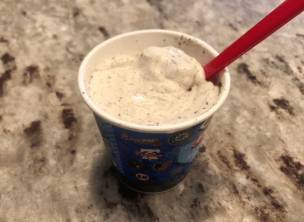 oreo blizzard from dairy queen on a countertop 