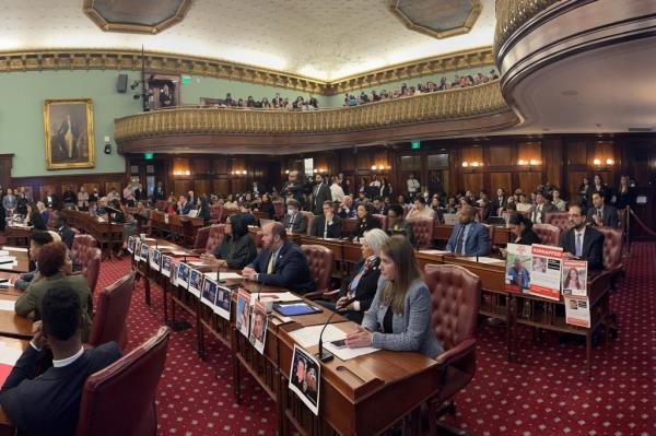 City council members Yusef Salaam and Adrienne Adams at a meeting voting to override Mayor Eric Adams' veto of the 'Stop and Ask' bill