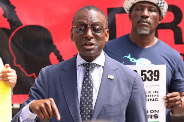 Councilmember Yusef Salaam speaking at a rally against proposed budget cuts at City Hall in New York City, June 20, 2024