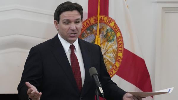 Florida Governor Ron DeSantis gestures while speaking at a news conference.