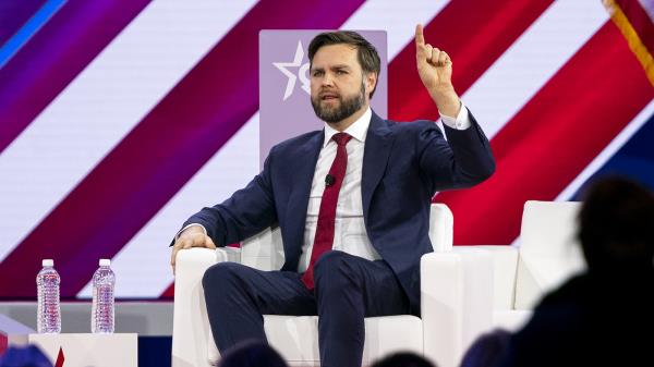 Sen. J.D. Vance (R-Ohio) is interviewed on-stage during the Co<em></em>nservative Political Action Conference