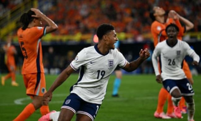 England’s forward Ollie Watkins celebrates after scoring his team’s second goal during the UEFA Euro 2024 semi-final football match between the Netherlands and England.