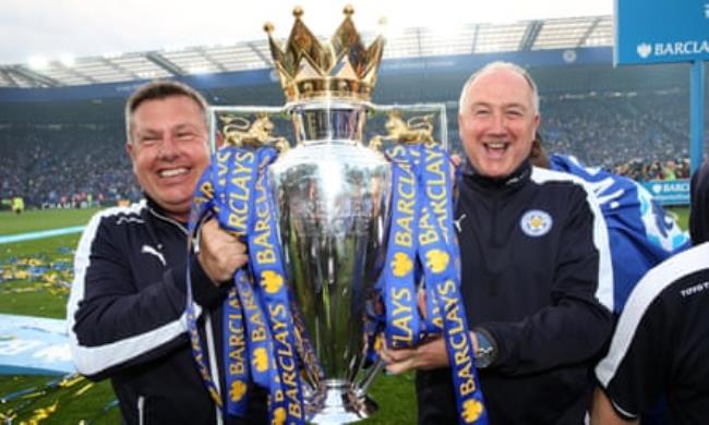 Craig Shakespeare with fellow coach Steve Walsh (right) after Leicester won the Premier League title.