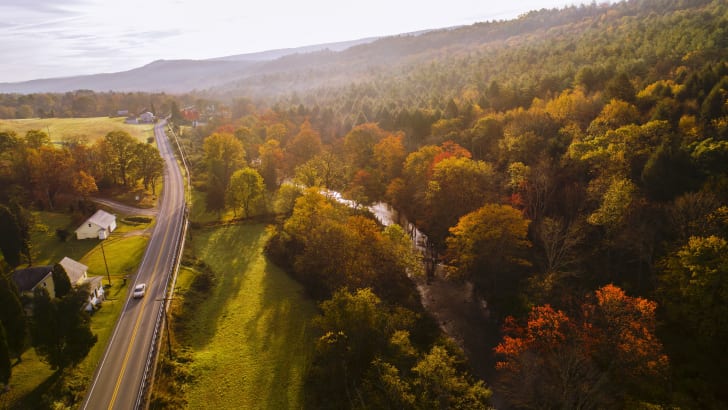 aerial view of the Poco<em></em>nos with fall foliage