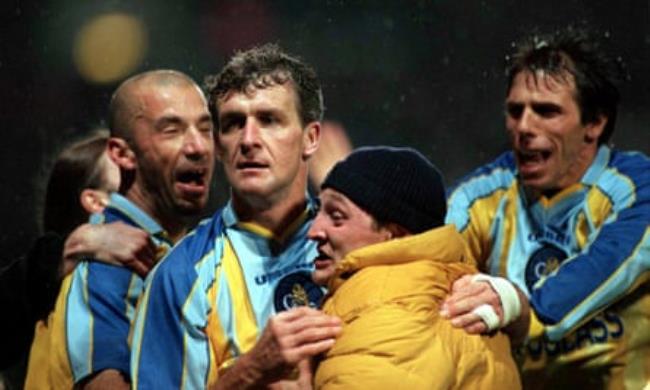 Gianluca Vialli, Mark Hughes and Gianfranco Zola celebrate during Chelsea’s Cup Winners’ Cup semi-final win over Vicenza in April 1998. The other fella didn’t become a Premier League manager