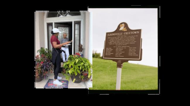 A woman speaking with an older woman at her front door (left), a historical marker marking a freetown