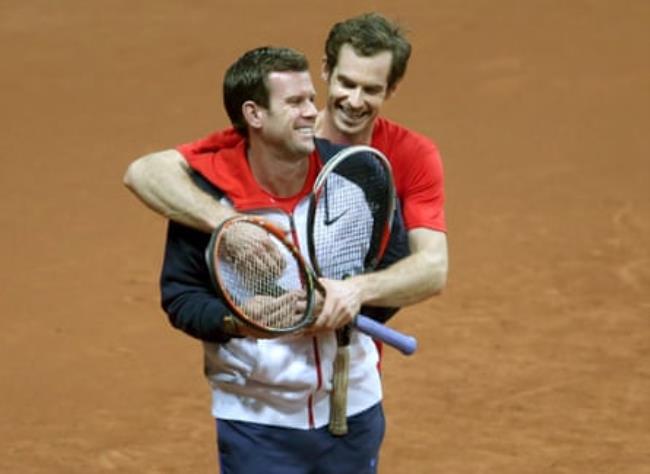 Great Britain's Andy Murray with captain Leon Smith during Davis Cup practice in November 2015.