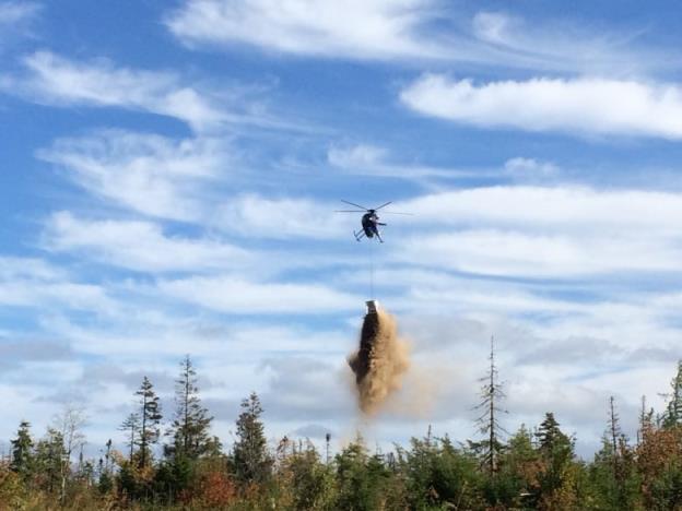 A helicopter drops limestone over the forest as part of the Nova Scotia Salmon Federation's work with the province to boost the pH of forest soils