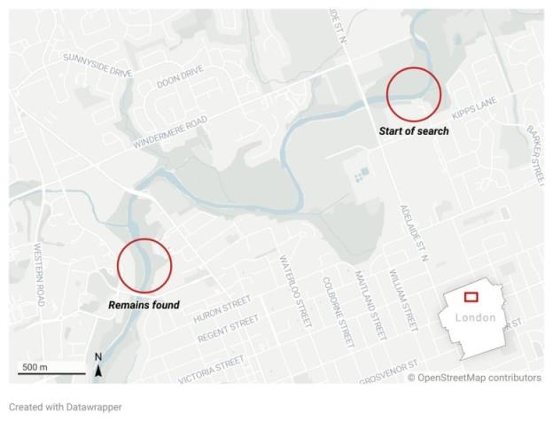 A map showing the location wher<em></em>e Anna was last seen and wher<em></em>e police located a child's remains on Sunday.