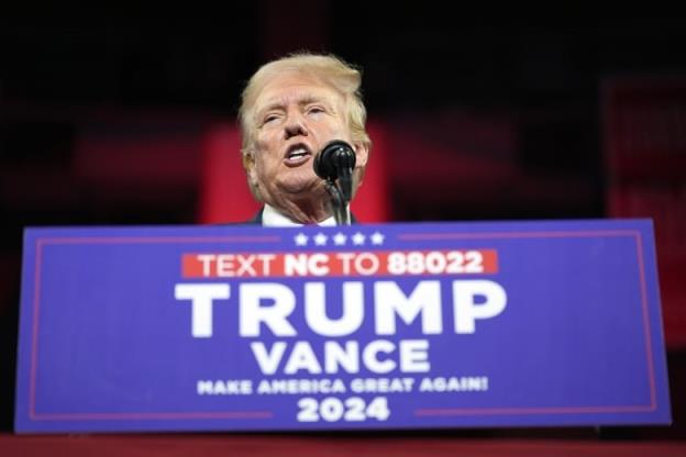 Former U.S. president Do<em></em>nald Trump, the Republican nominee for president in 2024, is seen speaking at a campaign rally in Charlotte, N.C., on Wednesday, July 24, 2024.