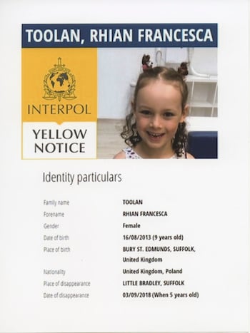 The Interpol missing notice circulated for Tom’s daughter