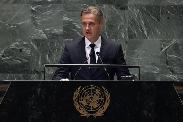 Slovenia Prime Minister Robert Golob addresses the 79th session of the United Nations General Assembly, Friday, Sept. 27, 2024. (AP)