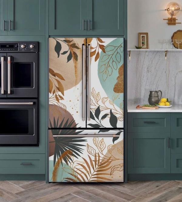 Vinyl wrap with a self-adhesive backing takes a little planning and cutting but goes in with no more than scissors and a credit card. Your fridge and cabinets can also take a warp. Fridge designs from €58, designstickersstore at Etsy.