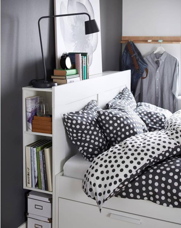 The Ikea Brimes bed can carry books, chargers and more in the headboard and features two drawers to the f<em></em>rame, €349 for standard double, ikea.com/ie.