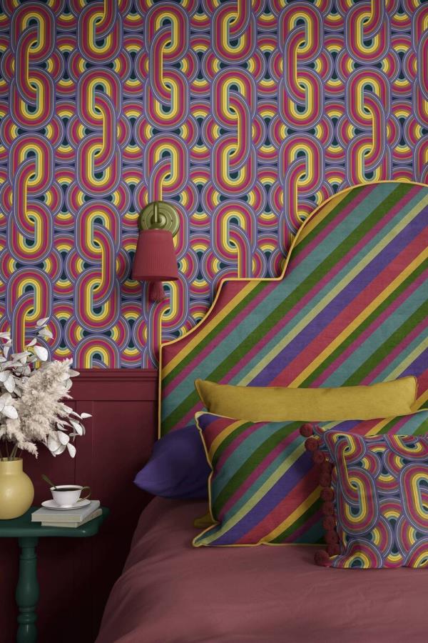 Celebrate vintage or fabulous fabrics by installing new upholstery to a new or old padded headboard. Preziosa collection, Rebel Knit wallpaper, inspired by the organic geometry of this 1970s luxury hotelier upholstery; €165, The Curious Department.