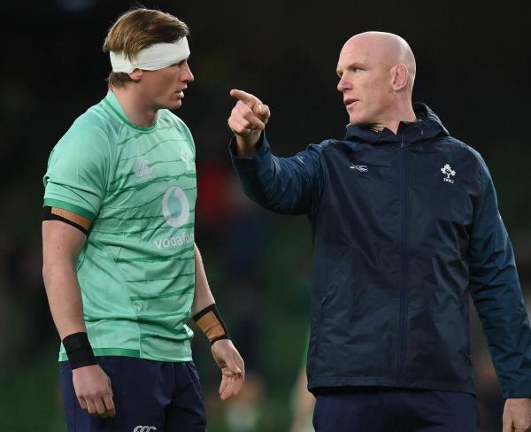 Ireland forwards coach Paul O'Connell, right, and Gavin Thornbury before the 2022 November internatio<em></em>nal against South Africa. Photo: Seb Daly/Sportsfile