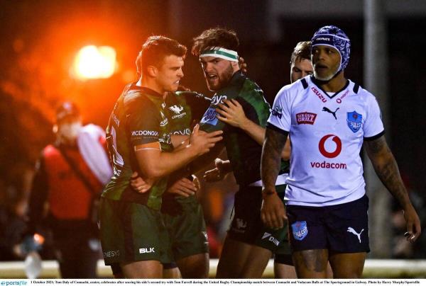 Tom Daly of Connacht, centre, celebrates after scoring his side's second try with Tom Farrell during the 2021/22 URC match against Vodacom Bulls. Photo: Harry Murphy/Sportsfile