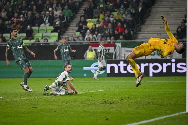 Ferencvaros' Barnabas Varga, centre left, scores his side's opening goal  (AP Photo/Denes Erdos)