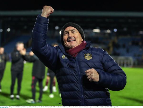 FAIRYTALE: Galway United manager John Caulfield celebrates after victory over Waterford. Pic: Michael P Ryan/Sportsfile