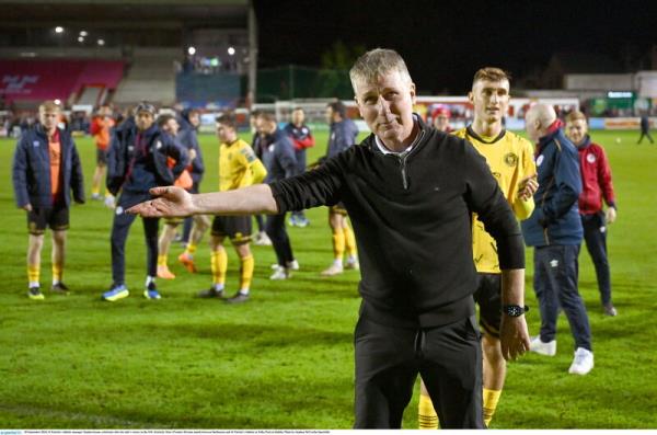 St Patrick's Athletic manager Stephen Kenny celebrates after his side's victory. Photo by Stephen McCarthy/Sportsfile