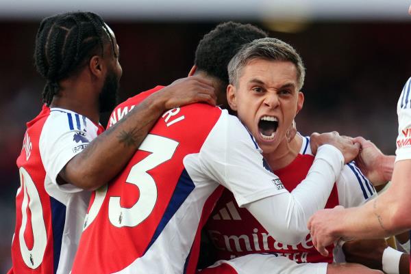 Arsenal's Leandro Trossard celebrates scoring his side's third goal in the Premier League match against Leicester. Picture: Adam Davy/PA Wire.