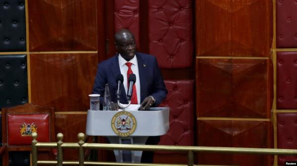 Kenya's Deputy President Rigathi Gachagua address legislators ahead of the lawmakers' vote over his impeachment motion at the Parliament buildings in Nairobi, Kenya, Oct. 8, 2024.