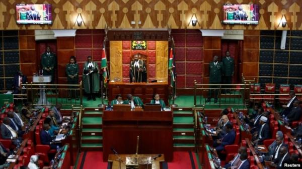 Speaker of the Natio<em></em>nal Assembly Moses Wetangula addresses legislators during the impeachment motion of Deputy President Rigathi Gachagua ahead of the lawmakers' vote inside the Parliament buildings in Nairobi, Kenya, Oct. 8, 2024.