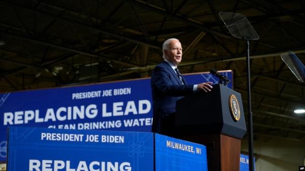 President Joe Biden speaks at an Oct. 8, 2024, event at the Milwaukee Department of Public Works in Milwaukee, Wisconsin, to discuss his administration's progress in replacing lead pipes in Wisco<em></em>nsin and across the country. 