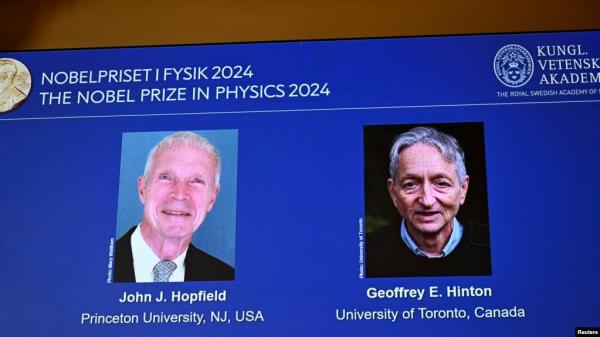 John J. Hopfield and Geoffrey E. Hinton are awarded this year's Nobel Prize in Physics, announced at a press co<em></em>nference at the Royal Swedish Academy of Sciences in Stockholm, Oct. 8, 2024. (TT News Agency/Christine Olsson via Reuters) 