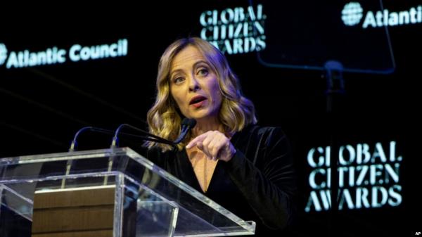 Giorgia Meloni, Italy's president of the Council of Ministers, gives an acceptance speech during the Global Citizen Awards dinner, Sept. 23, 2024, in New York.