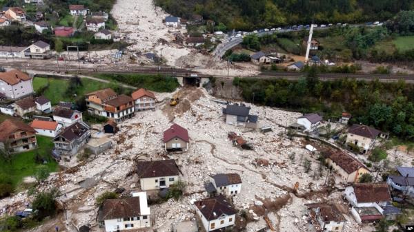 An aerial view shows the area destroyed by a landslide in Do<em></em>nja Jablanica, Bosnia, Oct. 5, 2024. 