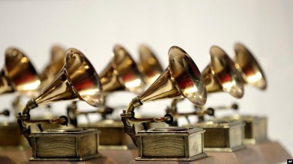 FILE - Grammy Awards are displayed at the Grammy Museum Experience at Prudential Center in Newark, NJ on Oct. 10, 2017. 