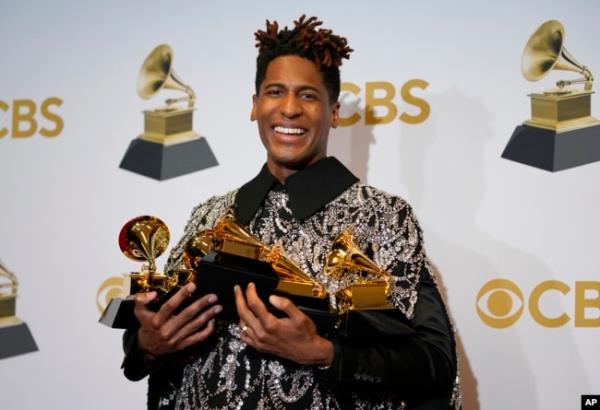 Jon Batiste at the 64th Annual Grammy Awards at the MGM Grand Garden Arena on April 3, 2022, in Las Vegas.